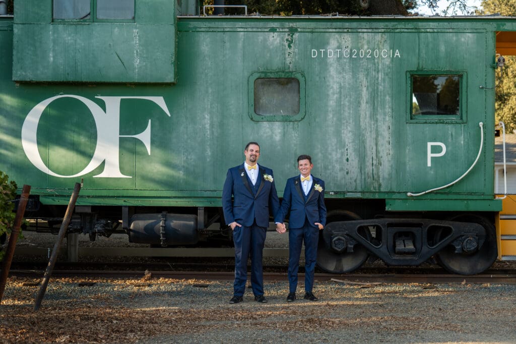 Wedding portraits of Erik and Tim at Oak Farm Vineyards winery in Lodi, CA